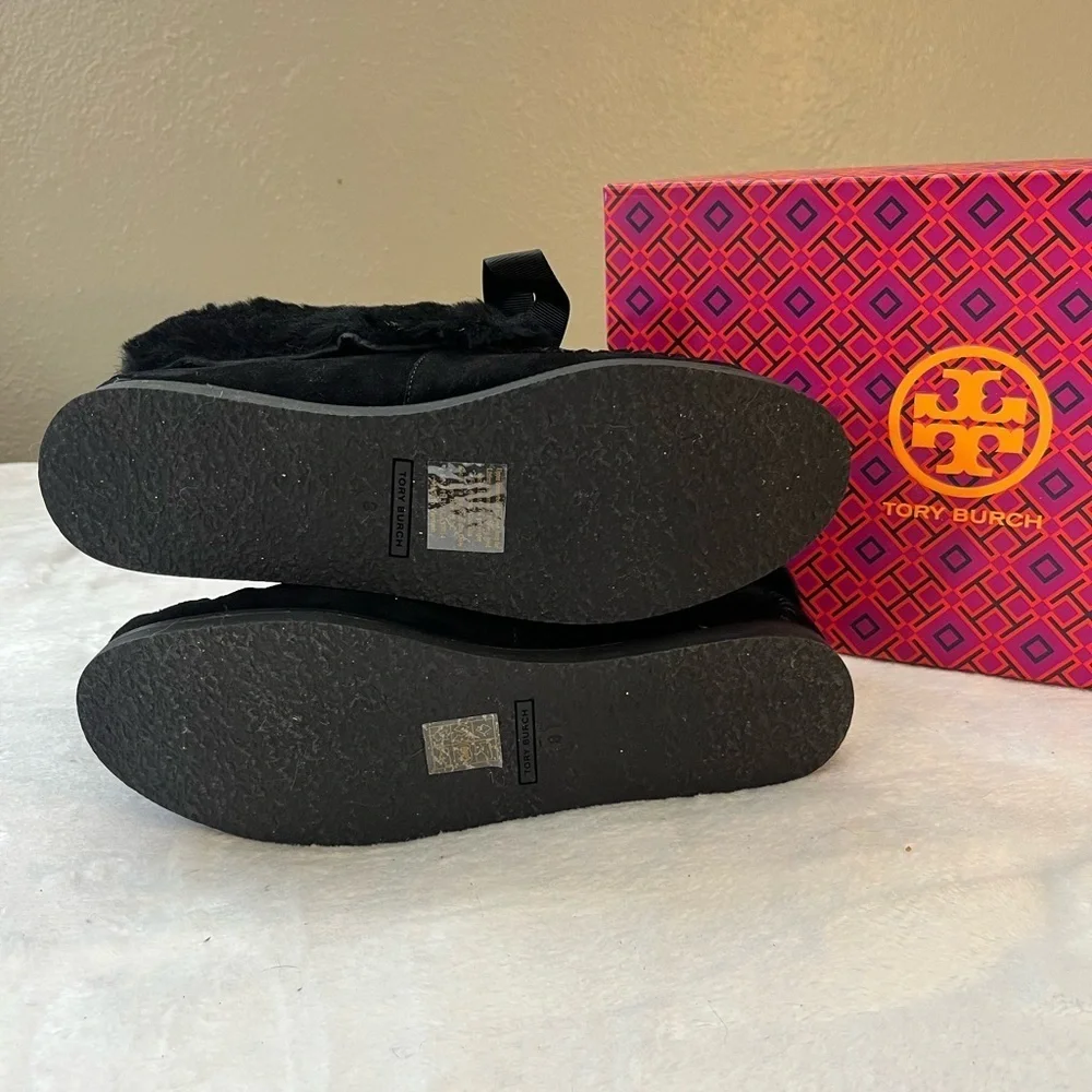 Tory Burch Aberdeen Shearling Slippers Black Suede Bow NIB Size 8